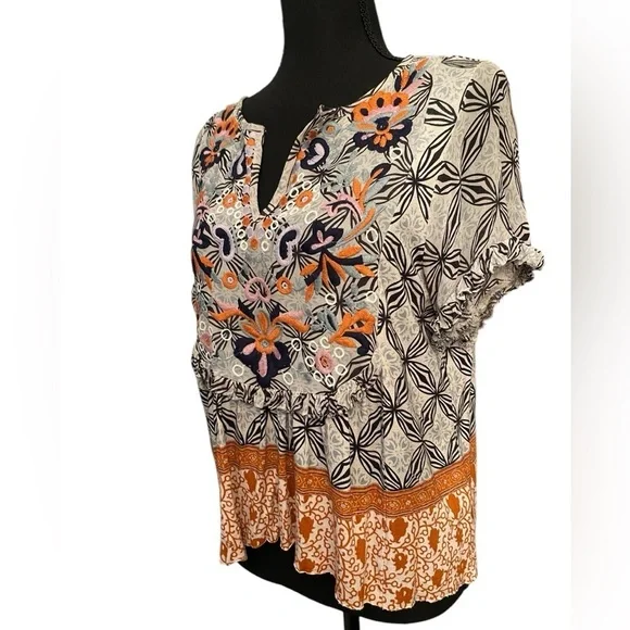 Anthropologie Terri Embroidered Floral Top Small Boho Cottagecore Short Sleeve - Picture 2 of 7